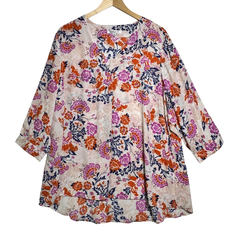 Rose‎ + Olive Womens Size 2X Floral Boho Blouse Hi Low 3/4 Sleeve Flowy
